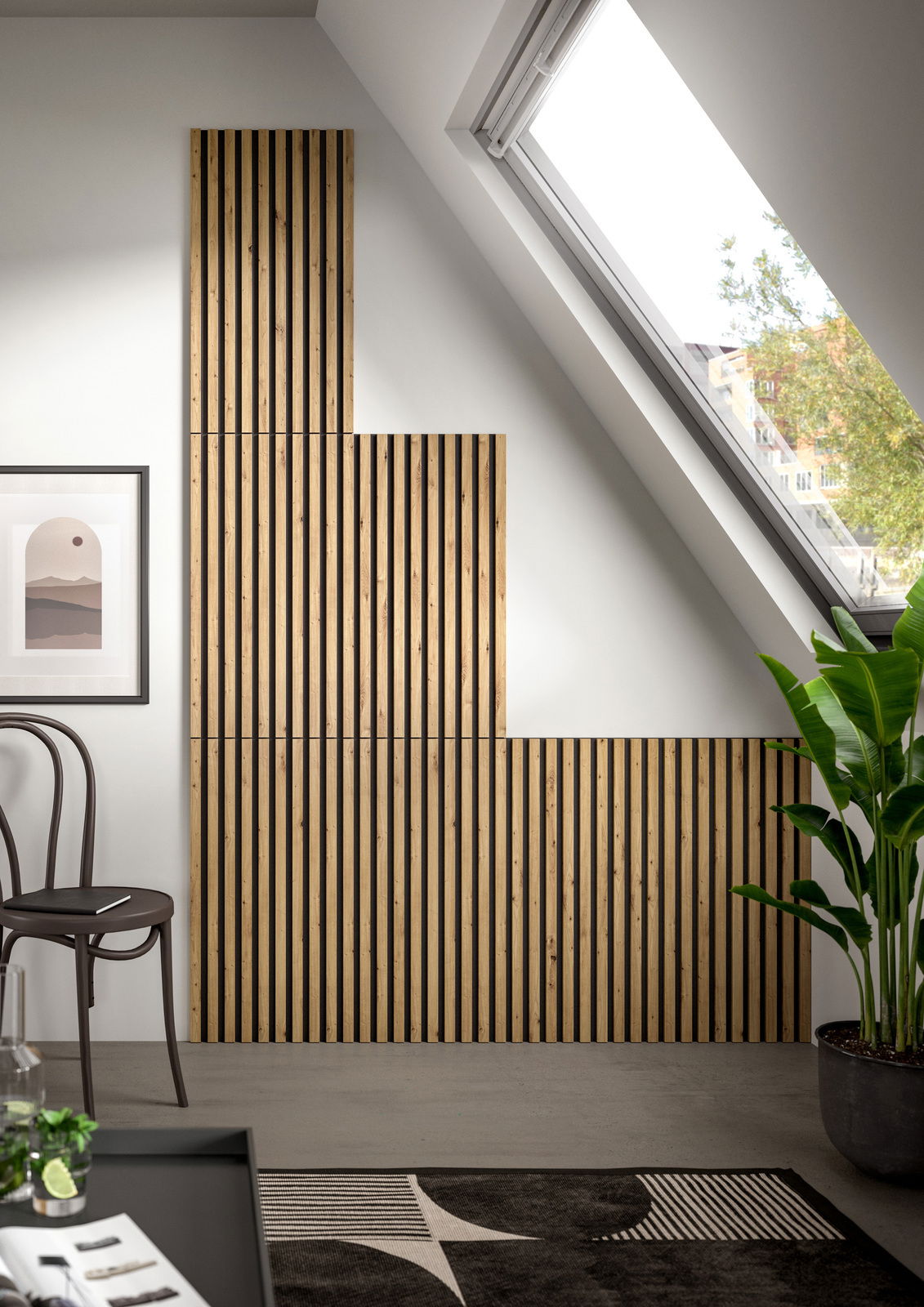 Akustikpaneel SILENCE in einem modernen Raum mit schräger Dachfensterperspektive, umgeben von minimalistischer Einrichtung und Pflanzen.