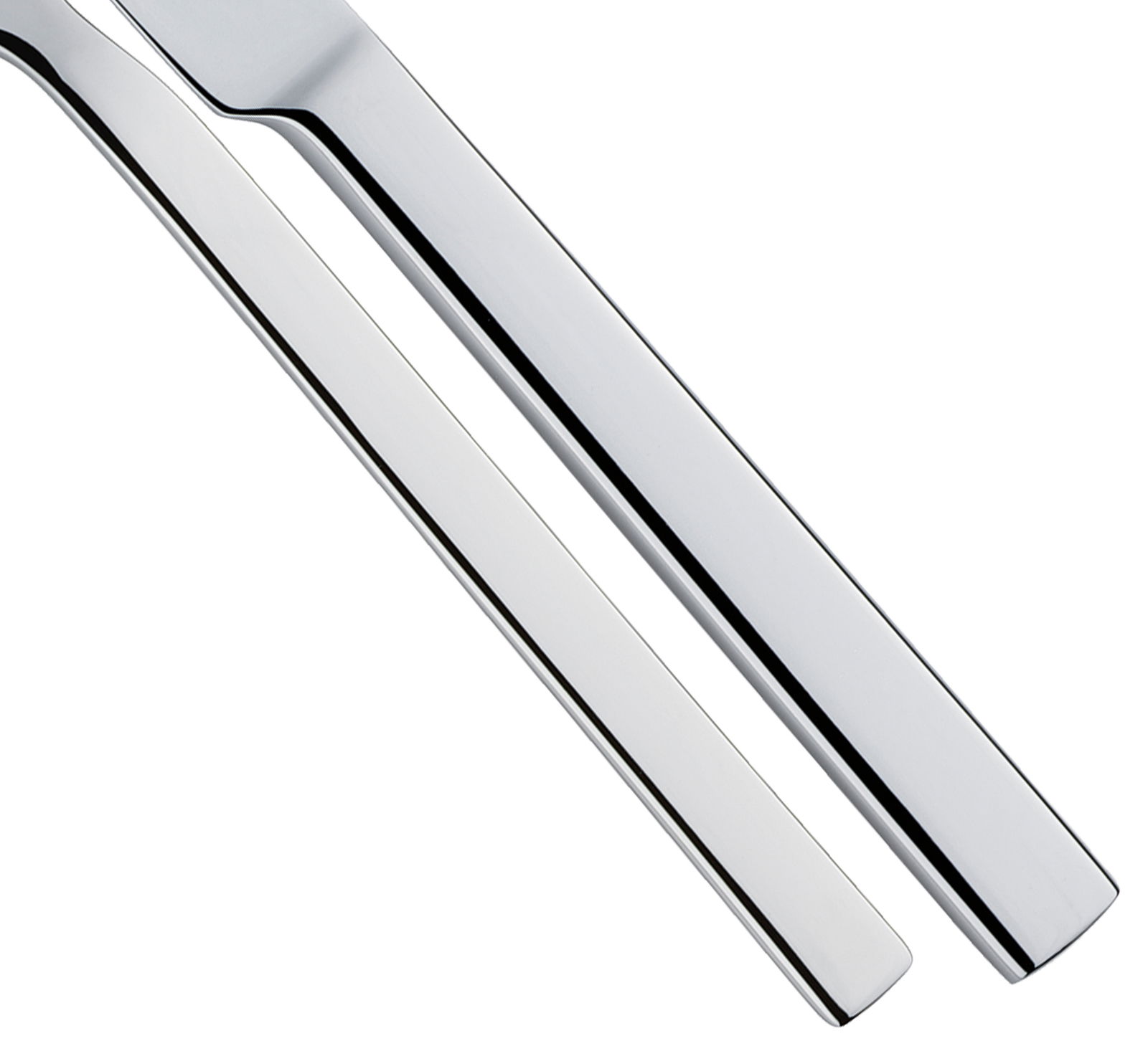 Nahaufnahme von zwei glänzenden, modernen Besteckgriffen aus Edelstahl in minimalistischem Design.