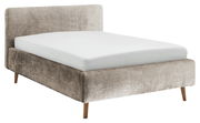 Polsterbettgestell in Beige mit Holzfüßen, seitliche Perspektive