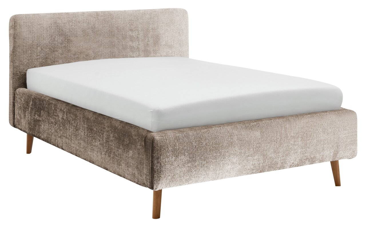 Polsterbettgestell in Beige mit Holzfüßen, seitliche Perspektive
