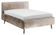 Polsterbettgestell in Beige mit Holzfüßen, seitliche Perspektive