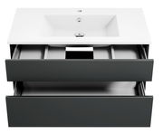 Moderne Badkombination mit weißem Waschbecken und zwei offenen Schubladen, Ansicht von vorne