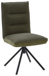 Moderner Stuhl mit olivgrünem Stoffbezug und schwarzem Metallgestell, seitliche Perspektive