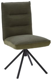 Moderner Stuhl mit olivgrünem Stoffbezug und schwarzem Metallgestell, seitliche Perspektive
