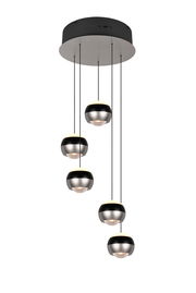 Moderne Pendelleuchte Orbit mit fünf kugelförmigen Leuchten, hängend von einer runden Deckenhalterung, seitliche Perspektive.