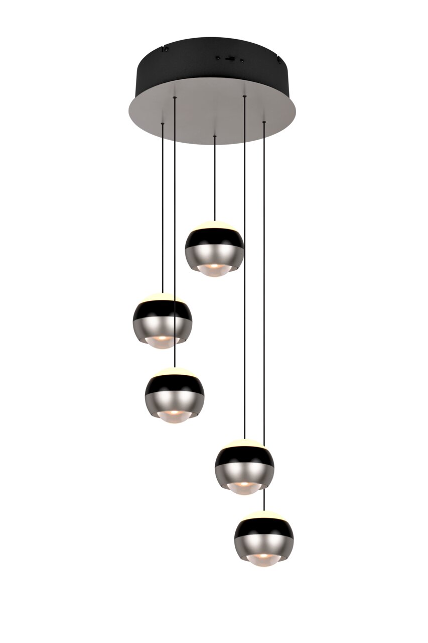 Trio Leuchten Pendelleuchte Orbit Moderne Pendelleuchte Orbit mit fünf kugelförmigen Leuchten, hängend von einer runden Deckenhalterung, seitliche Perspektive.