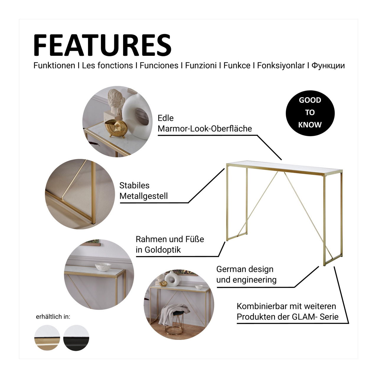 Konsolentisch mit edler Marmor-Look-Oberfläche, stabilem Metallgestell und Rahmen in Goldoptik, seitliche Perspektive.
