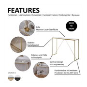 Consoletafel met een elegant marmerlook-blad, een stevig metalen onderstel en een frame in goudkleur, zijaanzicht.