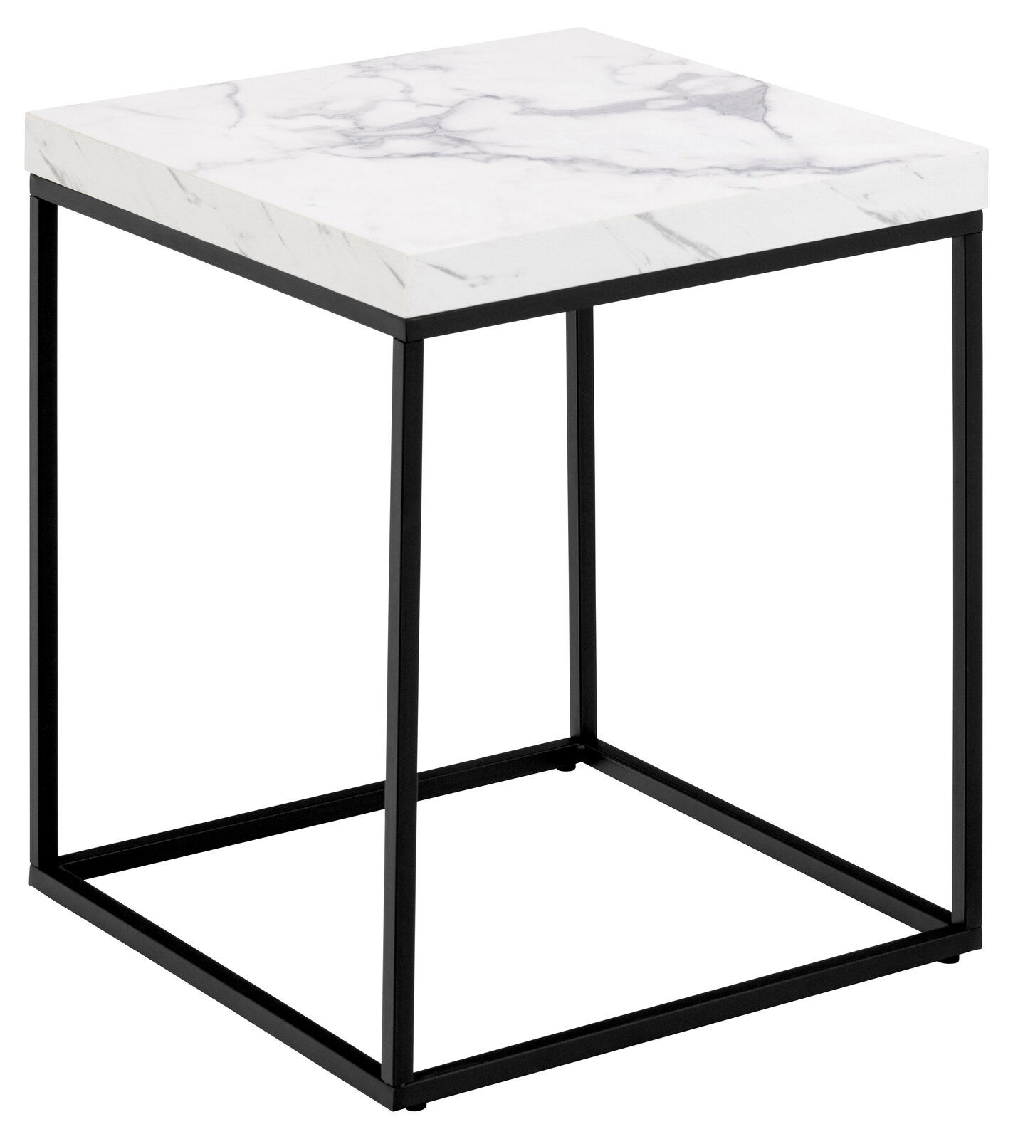 Livetastic Couchtisch BAROSSA Moderner Couchtisch mit weißer Marmoroptik und schwarzem Metallgestell, seitliche Perspektive