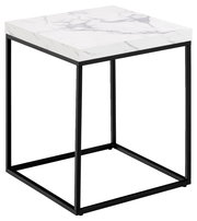 Moderner Couchtisch mit weißer Marmoroptik und schwarzem Metallgestell, seitliche Perspektive