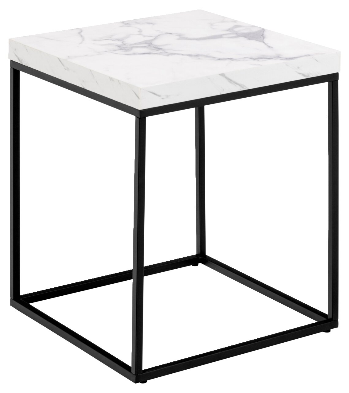 Moderner Couchtisch mit weißer Marmoroptik und schwarzem Metallgestell, seitliche Perspektive