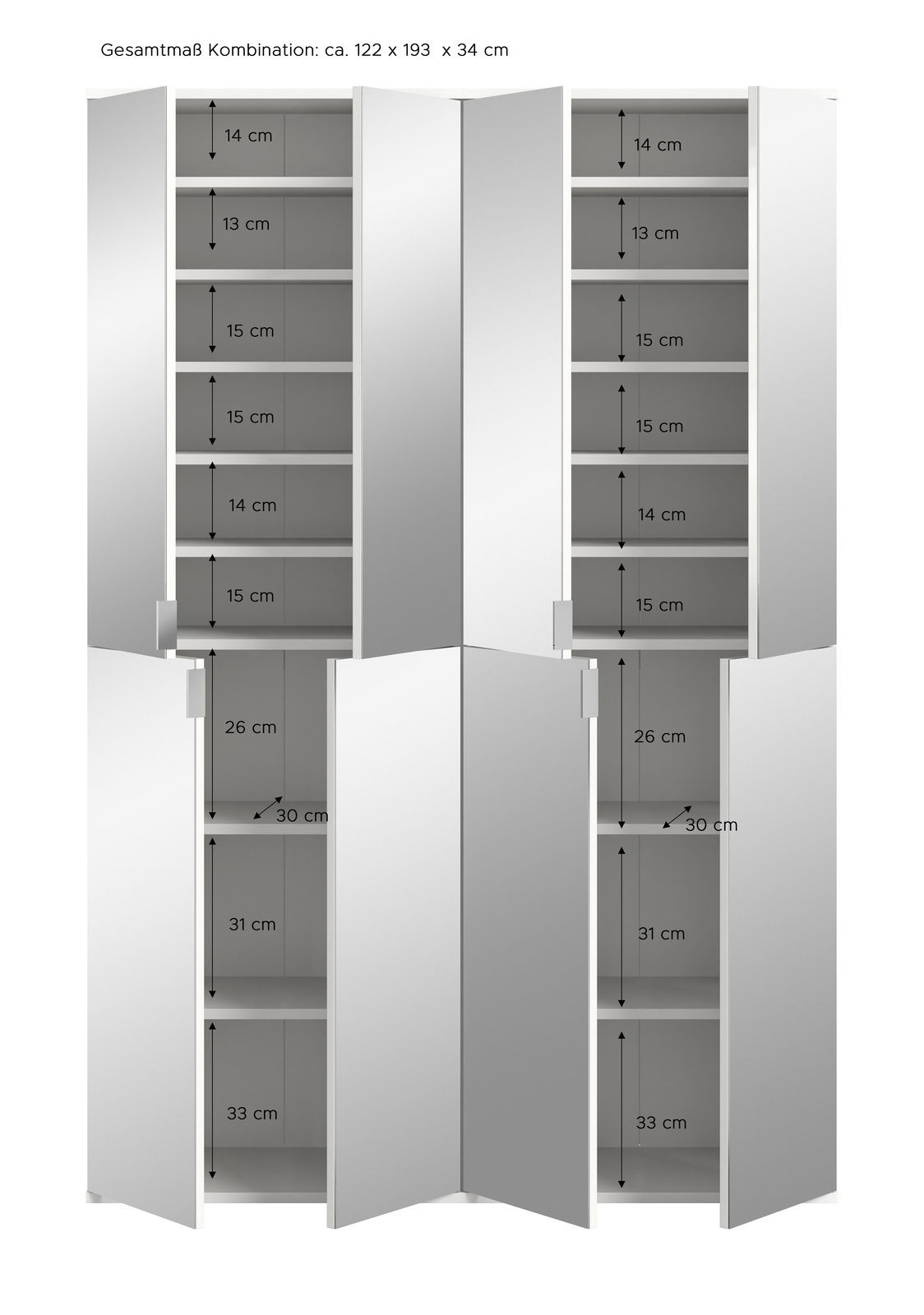 Frontale Ansicht einer Garderobenkombination mit mehreren offenen und geschlossenen Fächern, Gesamtmaße ca. 122 x 193 x 34 cm.