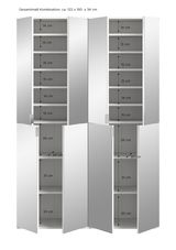 Frontale Ansicht einer Garderobenkombination mit mehreren offenen und geschlossenen Fächern, Gesamtmaße ca. 122 x 193 x 34 cm.