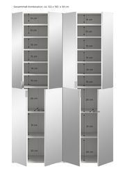 Frontale Ansicht einer Garderobenkombination mit mehreren offenen und geschlossenen Fächern, Gesamtmaße ca. 122 x 193 x 34 cm.