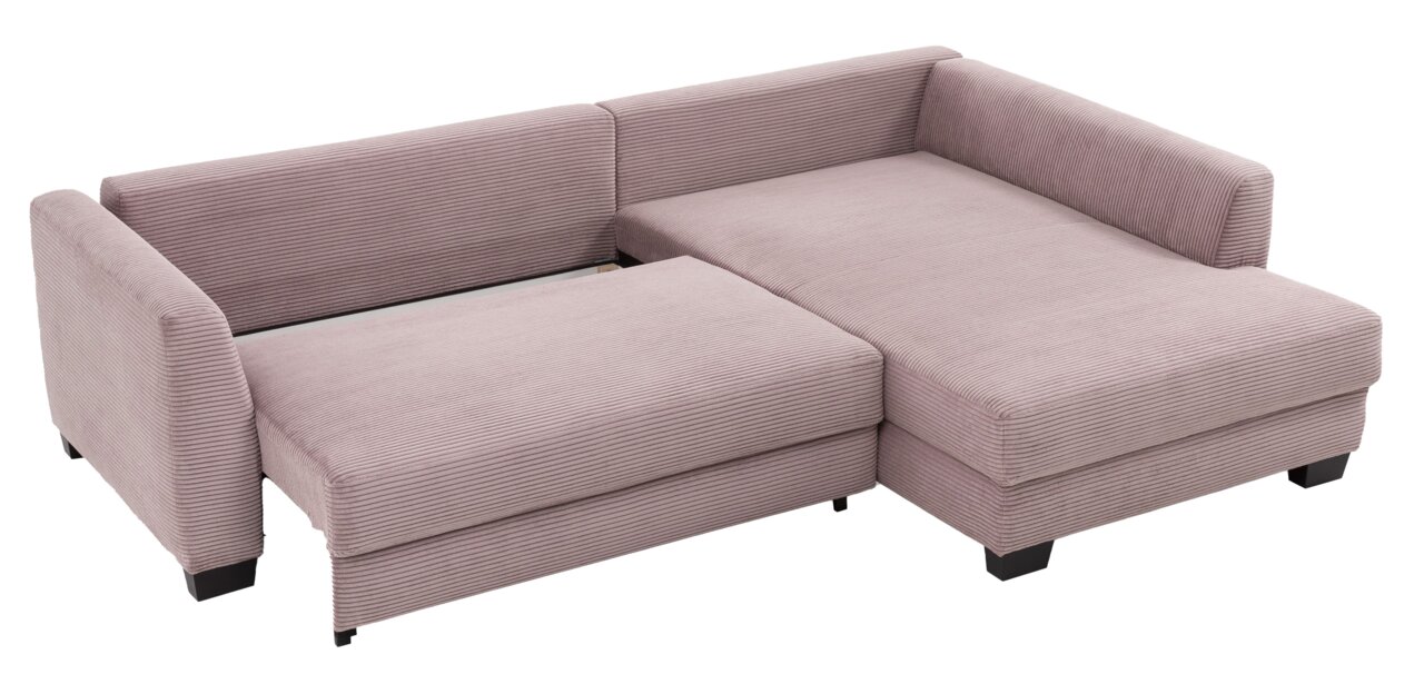 Rundecke in hellbraunem Stoff mit geripptem Design, perspektivisch von oben links fotografiert