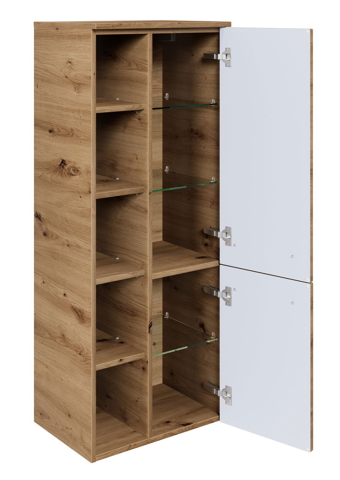 Sadena Midischrank PLAKA Midischrank aus Holz mit geöffneter Tür, zeigt mehrere Regalböden aus Glas und Holz, Perspektive von vorne rechts