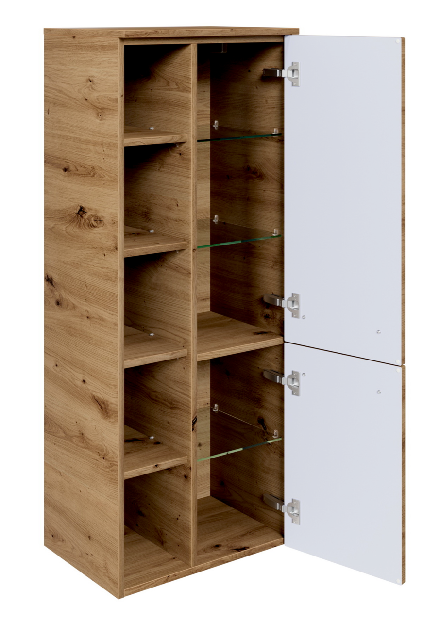 Sadena Midischrank PLAKA Midischrank aus Holz mit geöffneter Tür, zeigt mehrere Regalböden aus Glas und Holz, Perspektive von vorne rechts