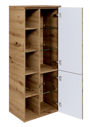 Midischrank aus Holz mit geöffneter Tür, zeigt mehrere Regalböden aus Glas und Holz, Perspektive von vorne rechts