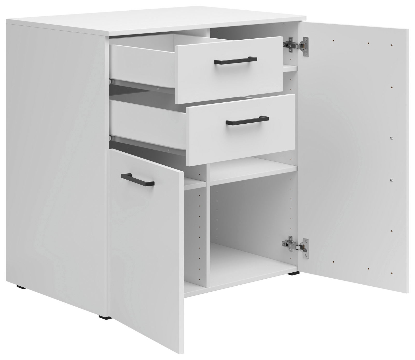 Weiße Kommode mit zwei offenen Schubladen und zwei offenen Türen, perspektivisch von vorne links gesehen.