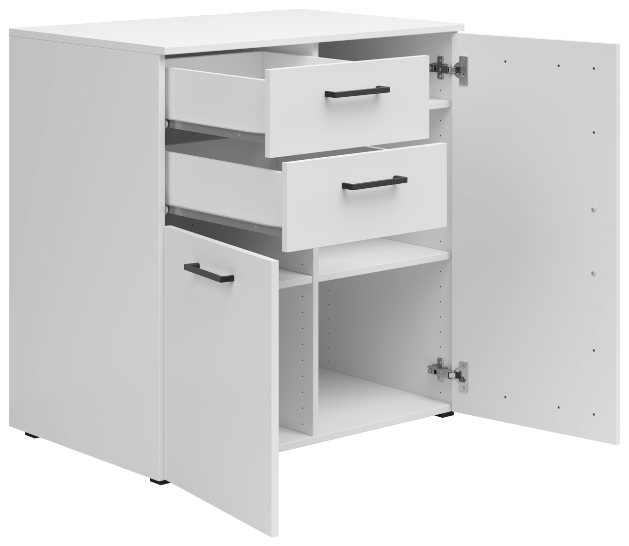 Weiße Kommode mit zwei offenen Schubladen und zwei offenen Türen, perspektivisch von vorne links gesehen.