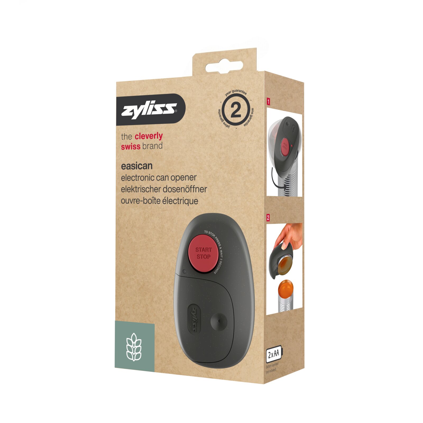 Zyliss Easican elektrischer Dosenöffner in Verkaufsverpackung, schräg von vorn/rechts (3/4-Ansicht) vor weißem Hintergrund
