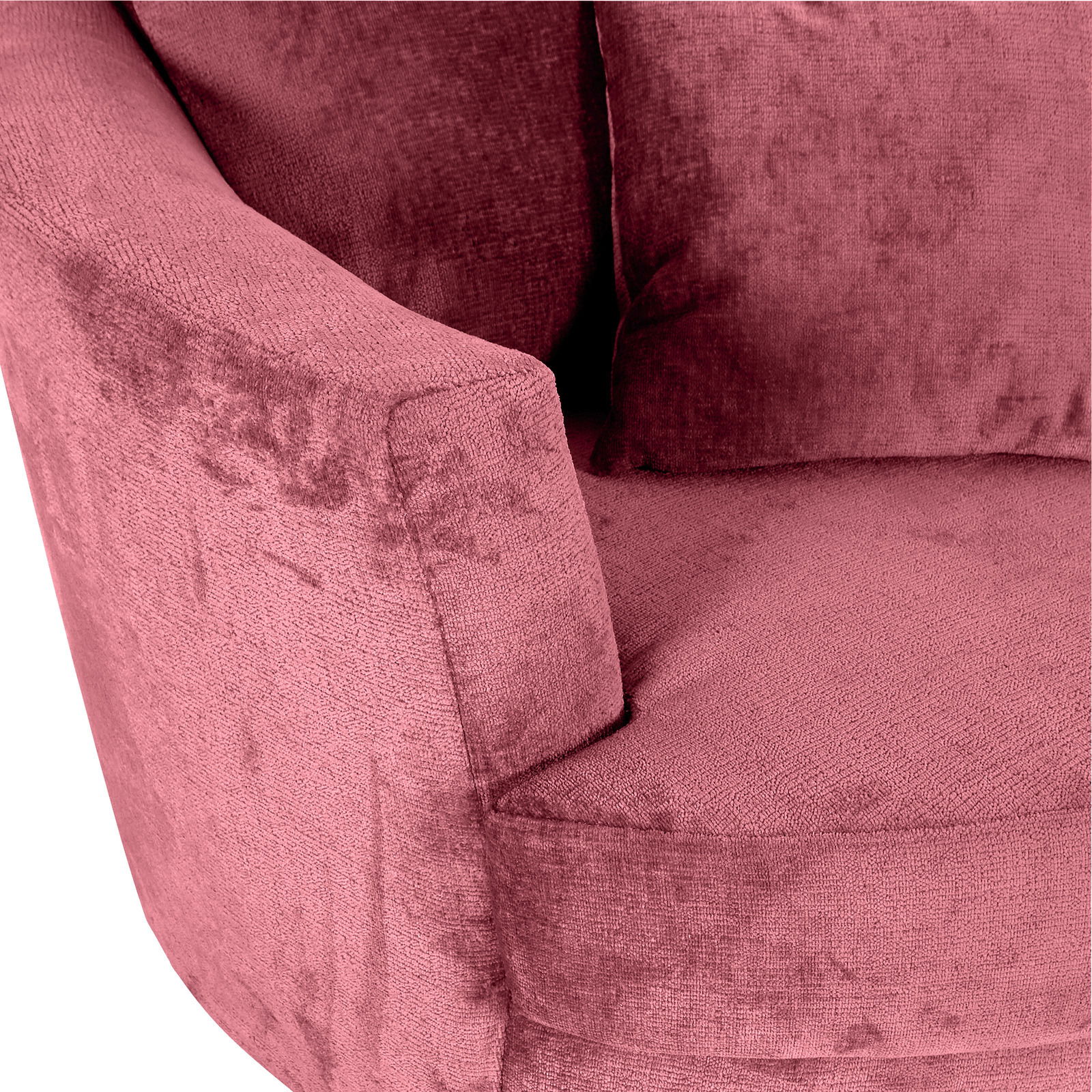 Z2 Sessel LENI Nahaufnahme eines Sessels in rosa Stoff, Fokus auf Armlehne und Sitzfläche, von schräg oben betrachtet.