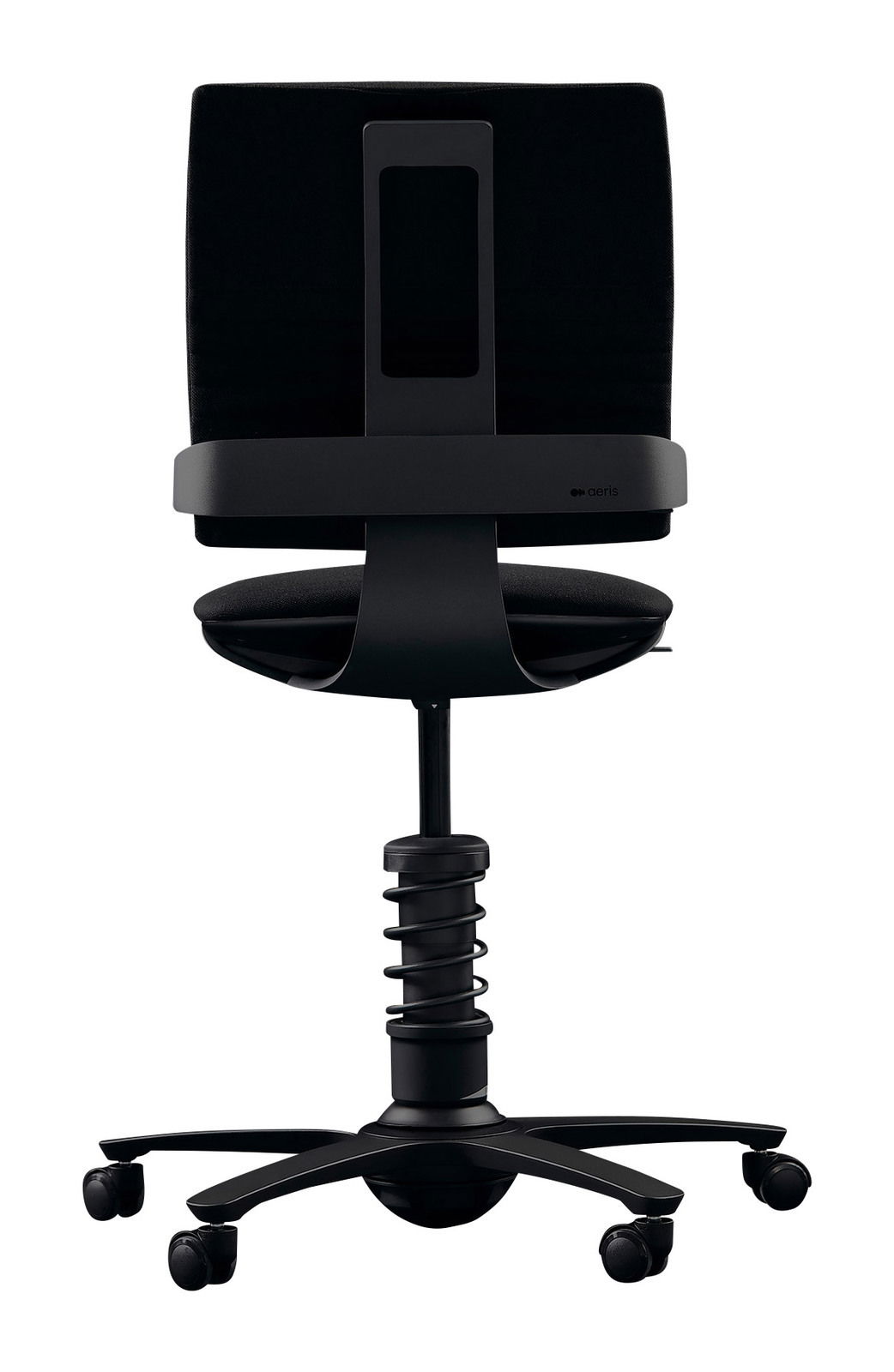 Rückansicht eines schwarzen Drehstuhls mit ergonomischem Design und Rollen.