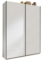 Schwebetürenschrank in weißer Farbe mit zwei Türen, seitliche Perspektive