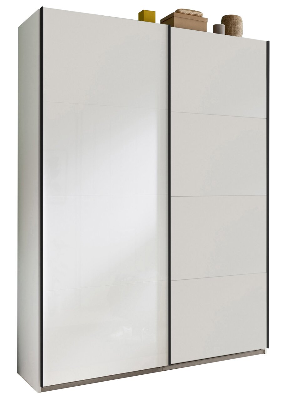 Schwebetürenschrank in weißer Farbe mit zwei Türen, seitliche Perspektive