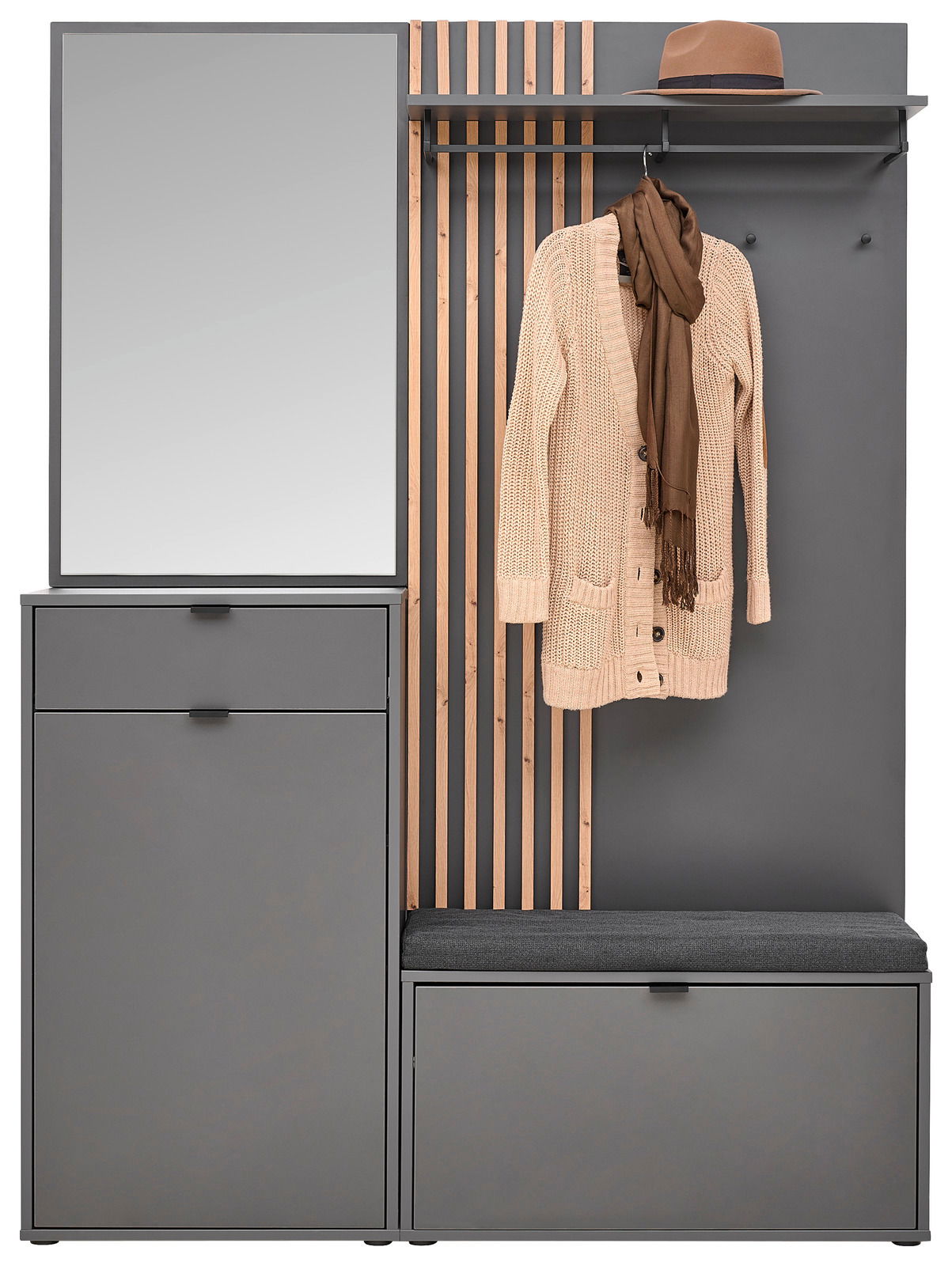 Kompaktgarderobe in grauer Farbe mit Spiegel, Kleiderhaken, Hutablage und Sitzbank, frontal betrachtet.