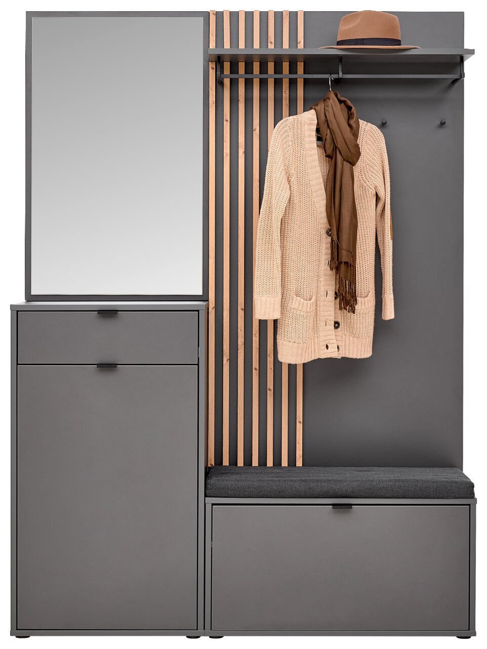 Kompaktgarderobe in grauer Farbe mit Spiegel, Kleiderhaken, Hutablage und Sitzbank, frontal betrachtet.