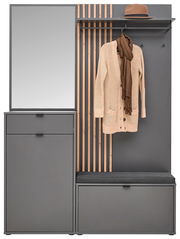 Kompaktgarderobe in grauer Farbe mit Spiegel, Kleiderhaken, Hutablage und Sitzbank, frontal betrachtet.