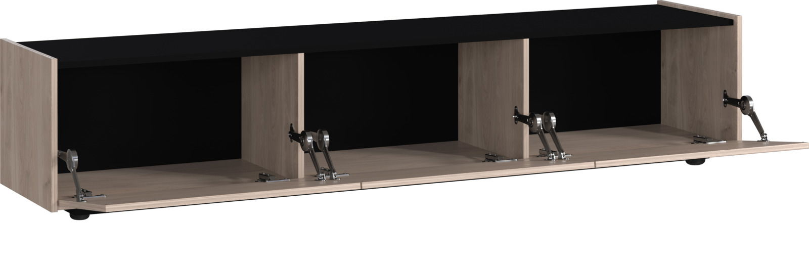 TV-Lowboard aus Holz mit drei offenen Fächern und Klapptüren, Perspektive von vorne unten