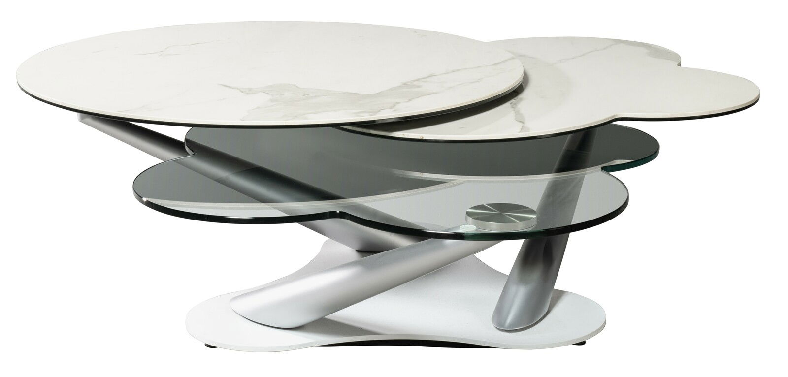 Moderner Couchtisch mit mehreren runden Glas- und Marmorebenen, seitliche Perspektive