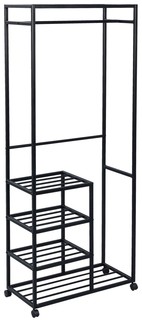 Schwarzer Garderobenwagen aus Metall mit mehreren Ablagen und Rollen, seitliche Perspektive