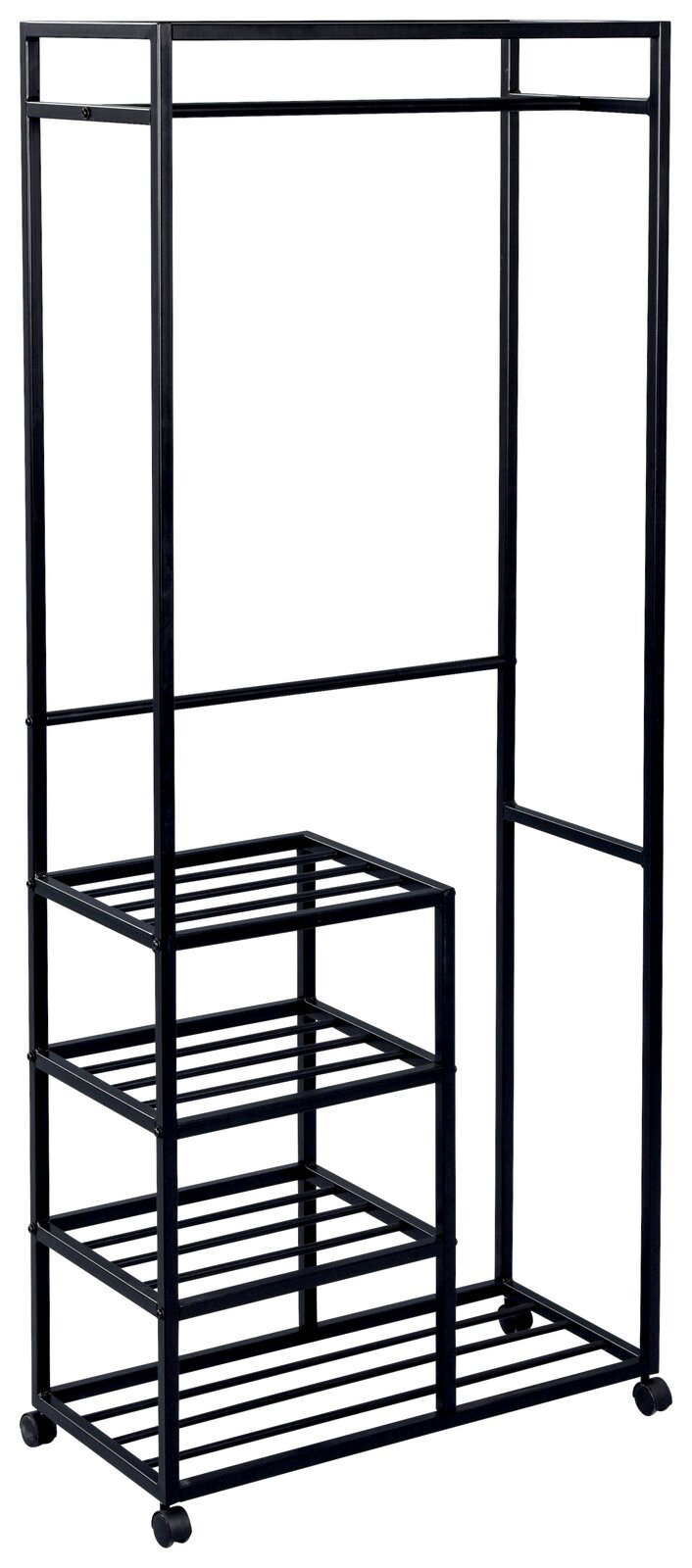 Schwarzer Garderobenwagen aus Metall mit mehreren Ablagen und Rollen, seitliche Perspektive