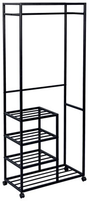 Schwarzer Garderobenwagen aus Metall mit mehreren Ablagen und Rollen, seitliche Perspektive