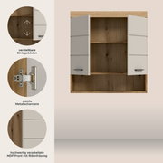 Offener Hängeschrank in Holzoptik mit zwei weißen MDF-Türen und schwarzen Griffen, innen mit verstellbaren Einlegeböden; Frontansicht leicht von oben, mit Detailbildern zu Metallscharnieren und Rillenfräsung.