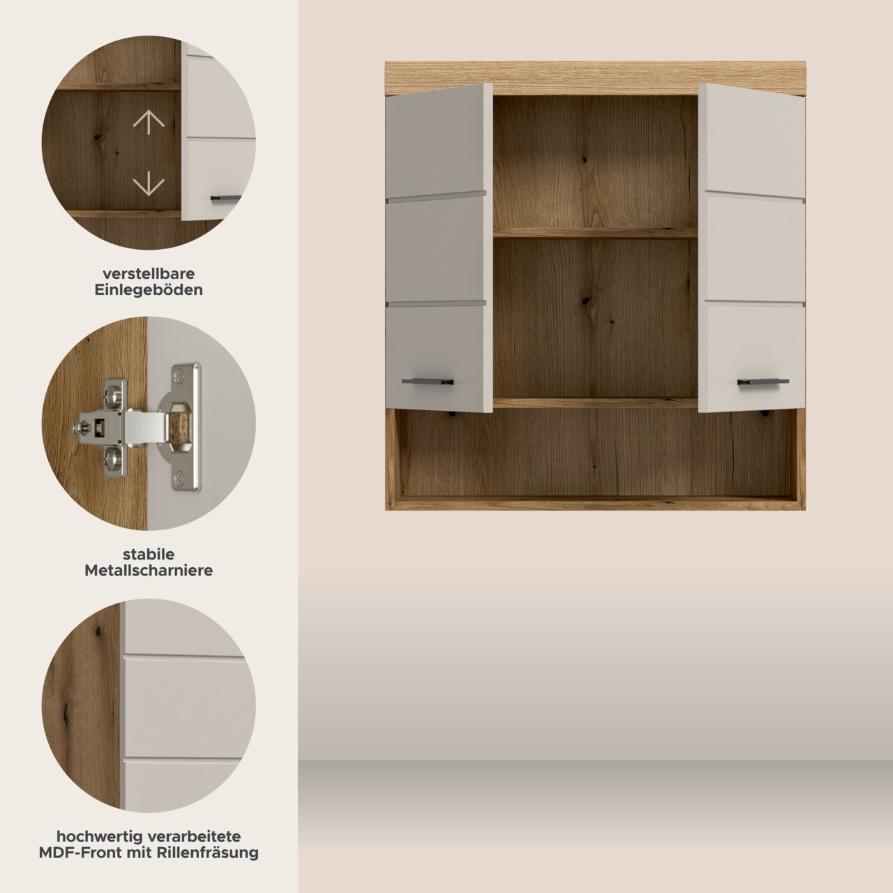 Offener Hängeschrank in Holzoptik mit zwei weißen MDF-Türen und schwarzen Griffen, innen mit verstellbaren Einlegeböden; Frontansicht leicht von oben, mit Detailbildern zu Metallscharnieren und Rillenfräsung.