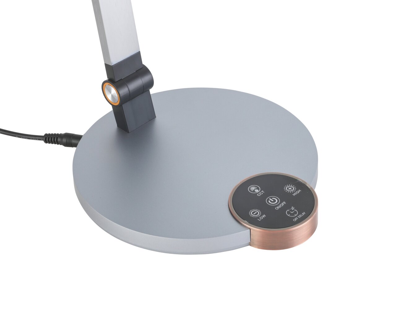 LED-Schreibtischleuchte mit rundem Sockel und Touch-Bedienfeld, seitliche Perspektive