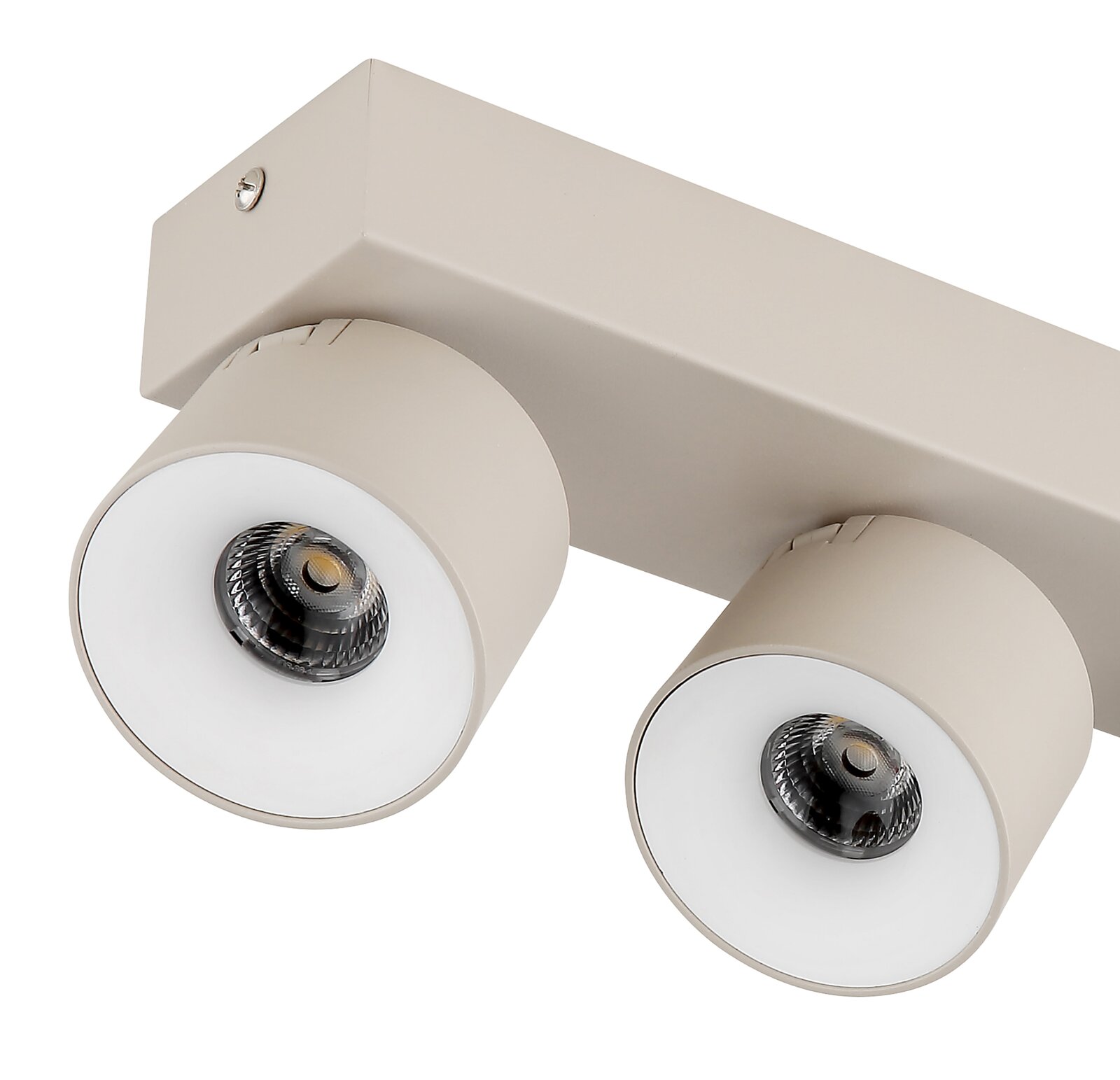 Beiger, rechteckiger Decken-Spot mit zwei runden, schwenkbaren LED-Strahlern und weißen Blenden, Nahaufnahme in schräger Vorderansicht von unten