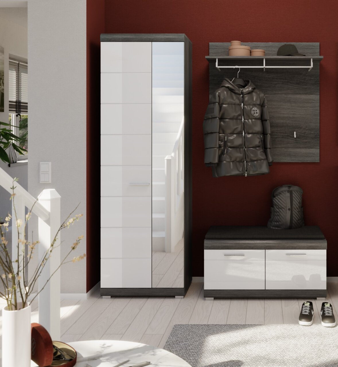 Moderner Flur mit Garderoben-Set bestehend aus einem weißen Schuhschrank mit Spiegel, einer Garderobenbank mit Sitzkissen und einem Garderobenpaneel mit Haken und Ablage. Perspektive: Frontalansicht.