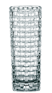 Glasvase mit gewebtem Muster, frontal fotografiert