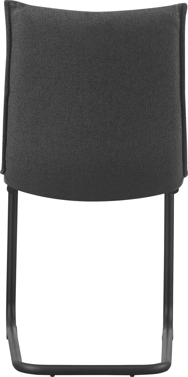 Dunkelgrauer Polsterstuhl mit Stoffbezug und schwarzem Metall-Kufengestell, Rückansicht frontal freigestellt auf weißem Hintergrund