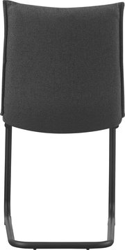 Dunkelgrauer Polsterstuhl mit Stoffbezug und schwarzem Metall-Kufengestell, Rückansicht frontal freigestellt auf weißem Hintergrund