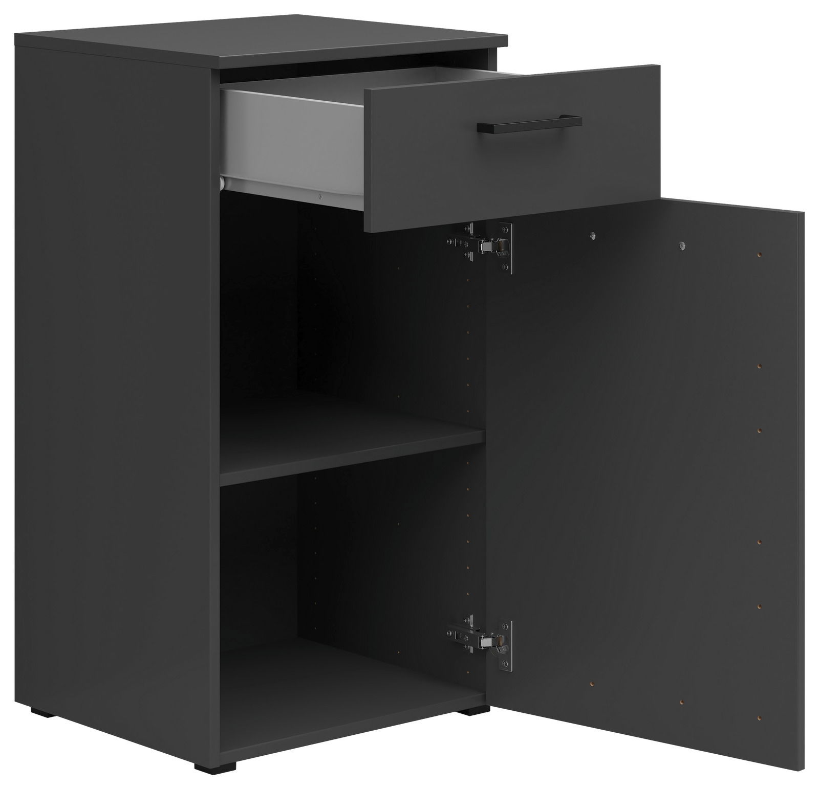 Schwarze Kommode mit einer offenen Schublade und einer offenen Tür, die zwei Regalfächer zeigt, Perspektive von vorne