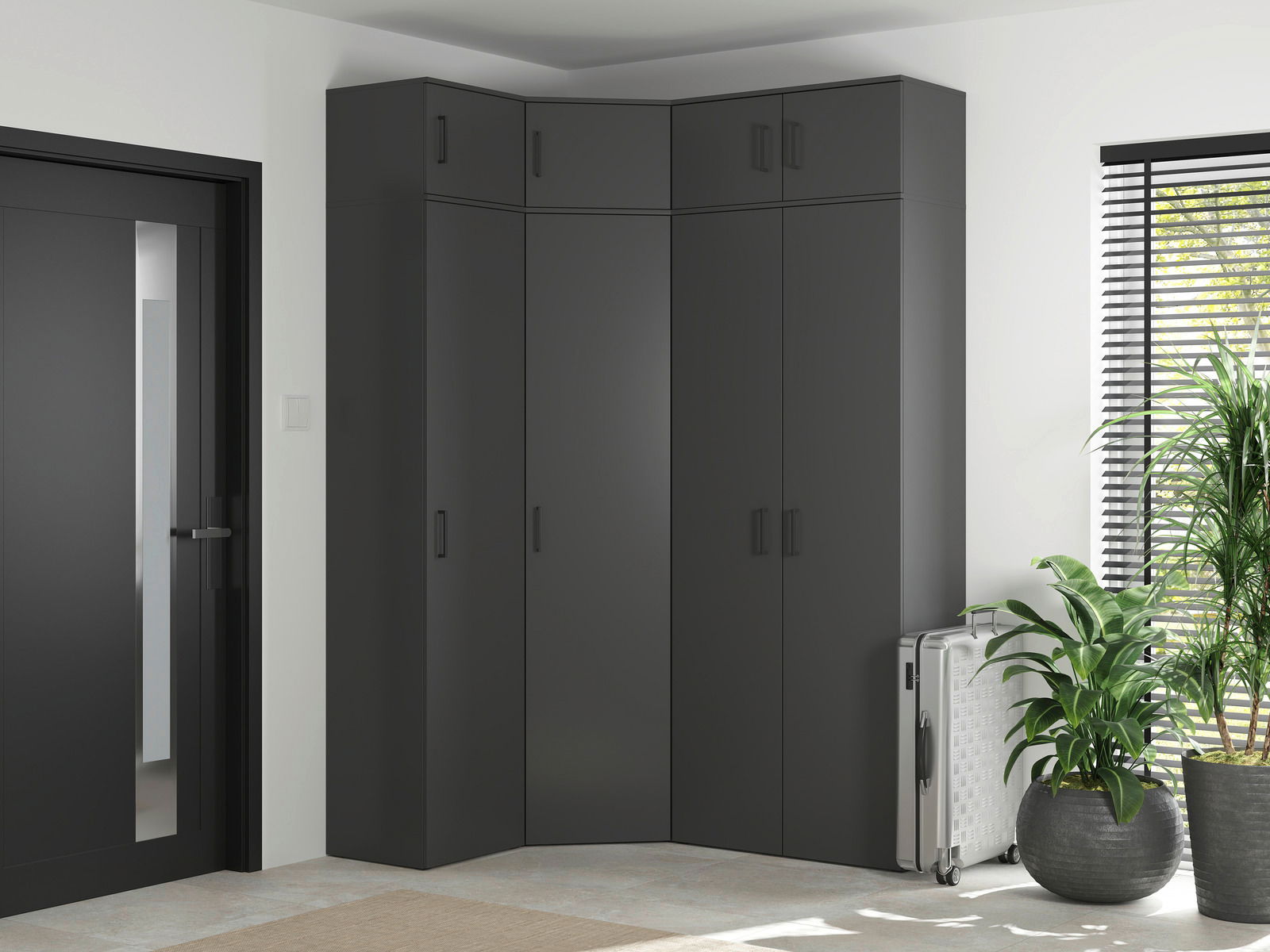 Carryhome Eckschrank MULTISTAURAUM Eckschrank in modernem Design, dunkelgrau, in einer Ecke eines hellen Raumes mit Pflanzen und einem Koffer, seitliche Perspektive