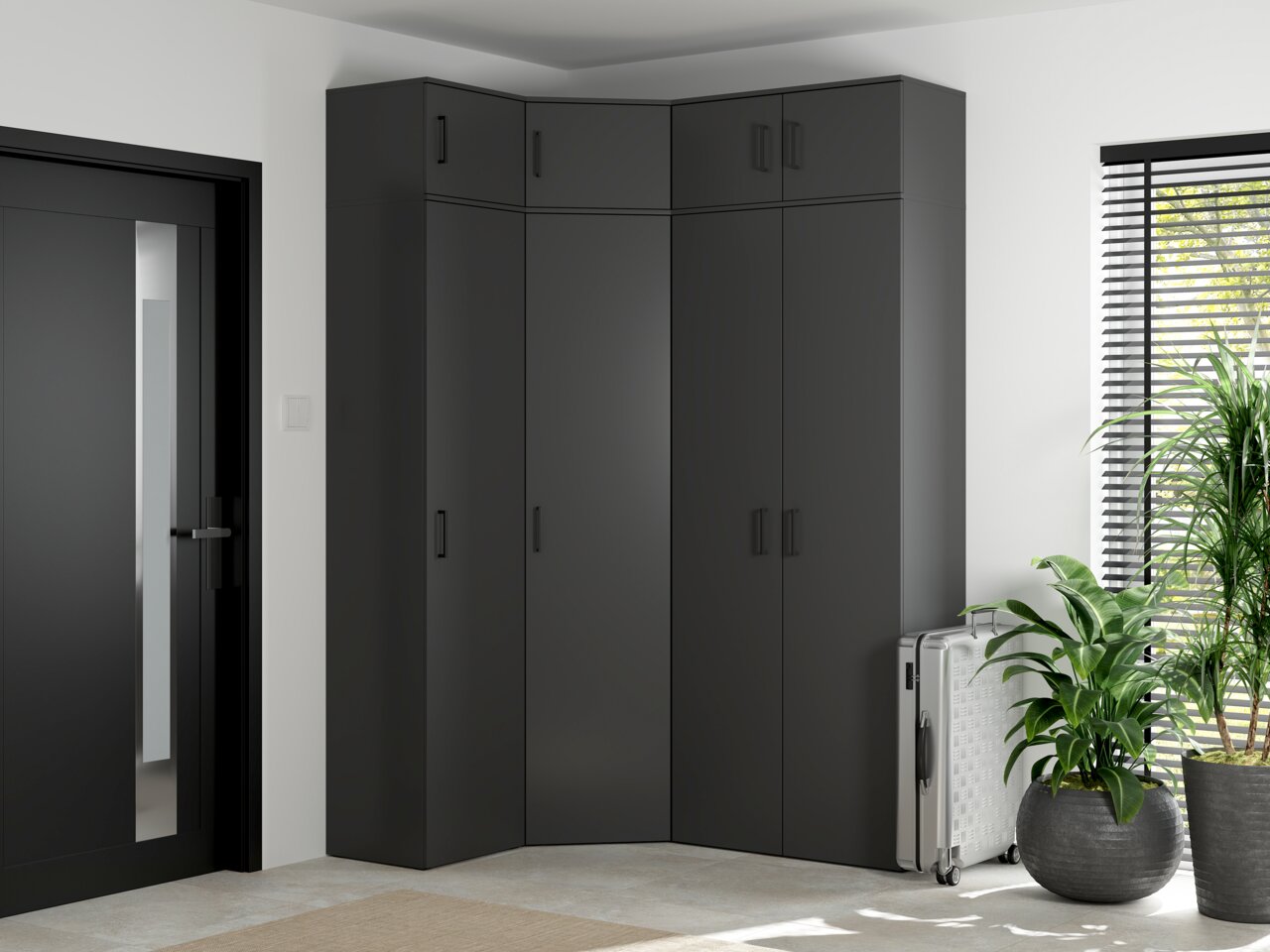 Carryhome Eckschrank MULTISTAURAUM Eckschrank in modernem Design, dunkelgrau, in einer Ecke eines hellen Raumes mit Pflanzen und einem Koffer, seitliche Perspektive