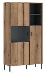 Frontansicht einer modernen Highboardvitrine aus Holz mit Glaselementen und schwarzen Metallbeinen.