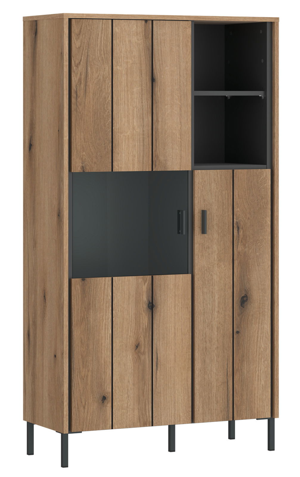 Z2 Highboardvitrine SHIRLEY Frontansicht einer modernen Highboardvitrine aus Holz mit Glaselementen und schwarzen Metallbeinen.